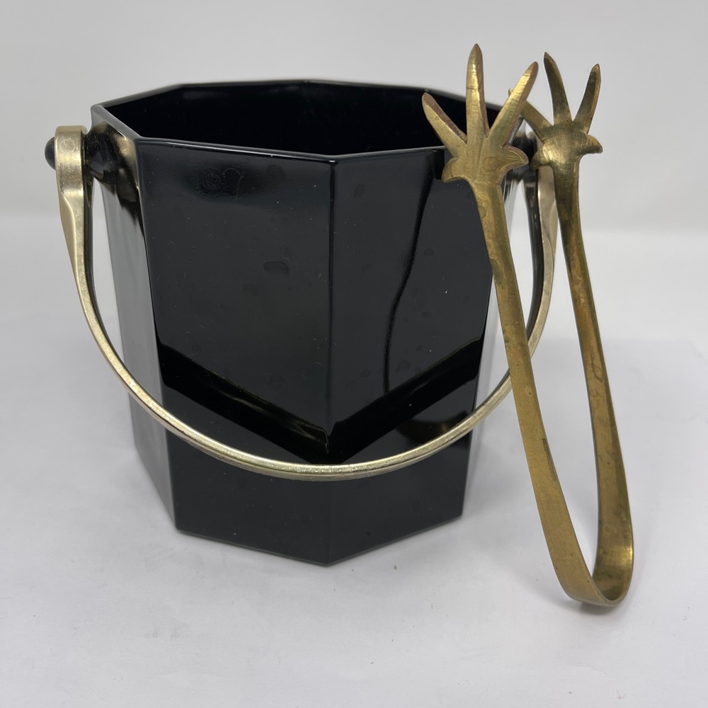 Vintage Arcoroc France Black Glass Octagonal Ice Bucket W/Brass Handle & Tongs